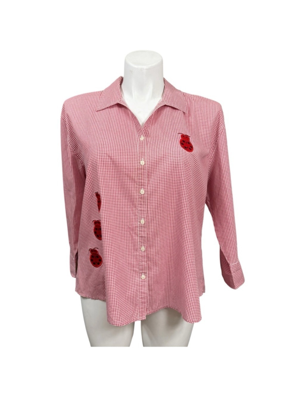 Asolas Red Gingham Button Up Shirt Ladybug Applique Cottagecore 1X